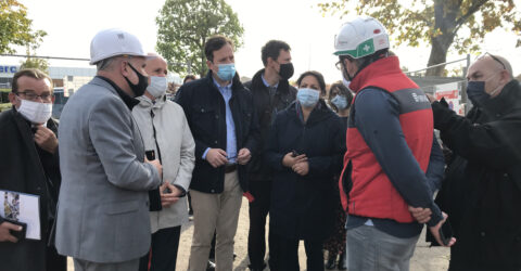 Photo de chantier NPRU avec le Président, le 1er Vice-president et des membres du bureau communautaire de l'Agglo du Pays de Dreux